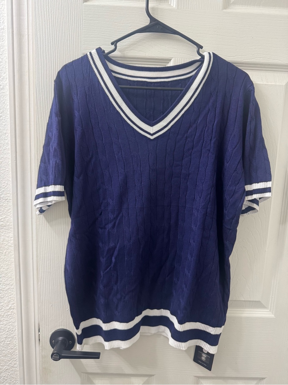 Navy V-Neck Cable Knit Sweater with White Stripes
